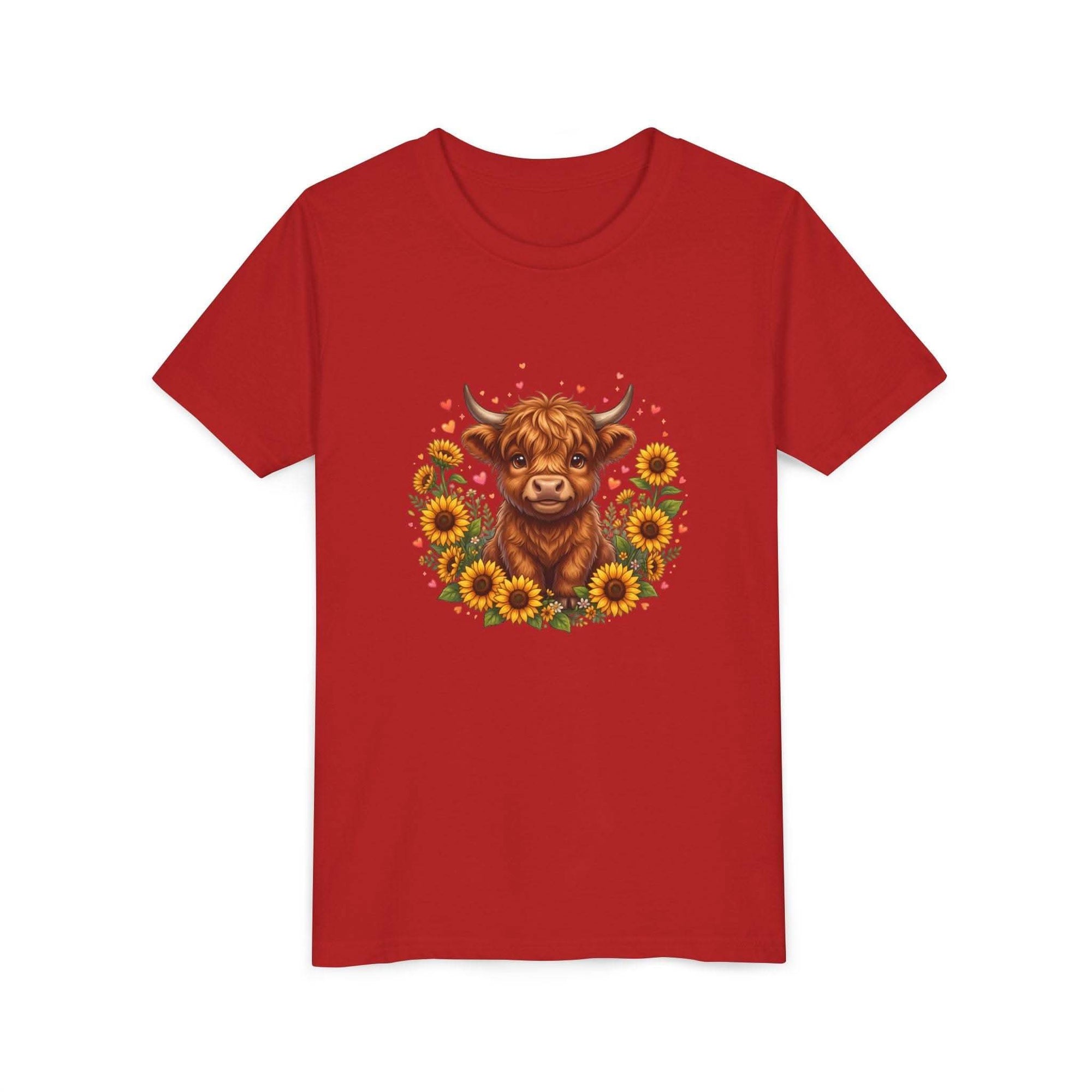 Youth tee featuring Highland Cow with Sunflowers design on soft cotton fabric