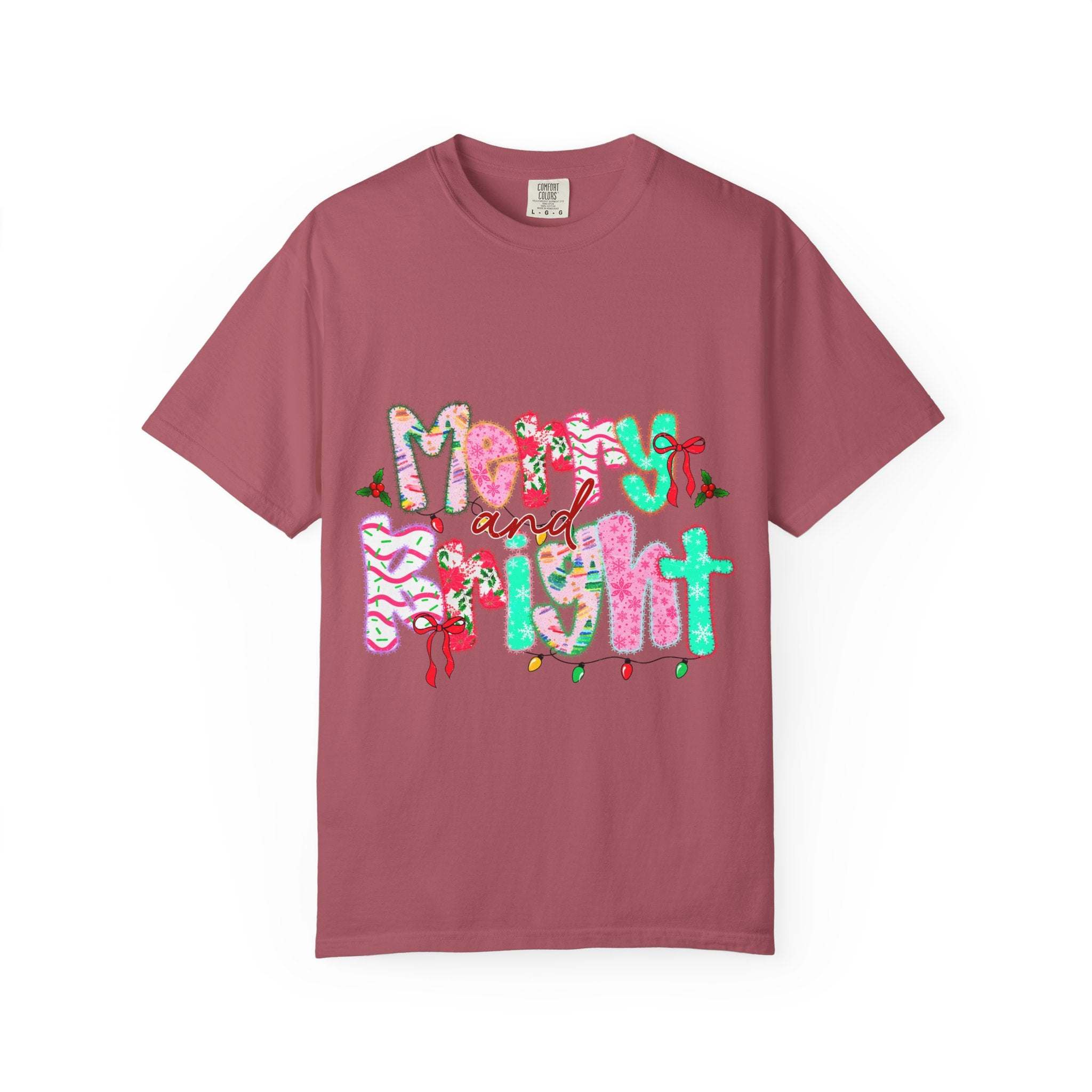 Merry and Bright T-shirt in festive holiday design on relaxed fit cotton tee
