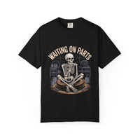 Vintage garment-dyed Waiting on Parts TShirt with faded text, heavy cotton, and relaxed fit for mechanics and makers