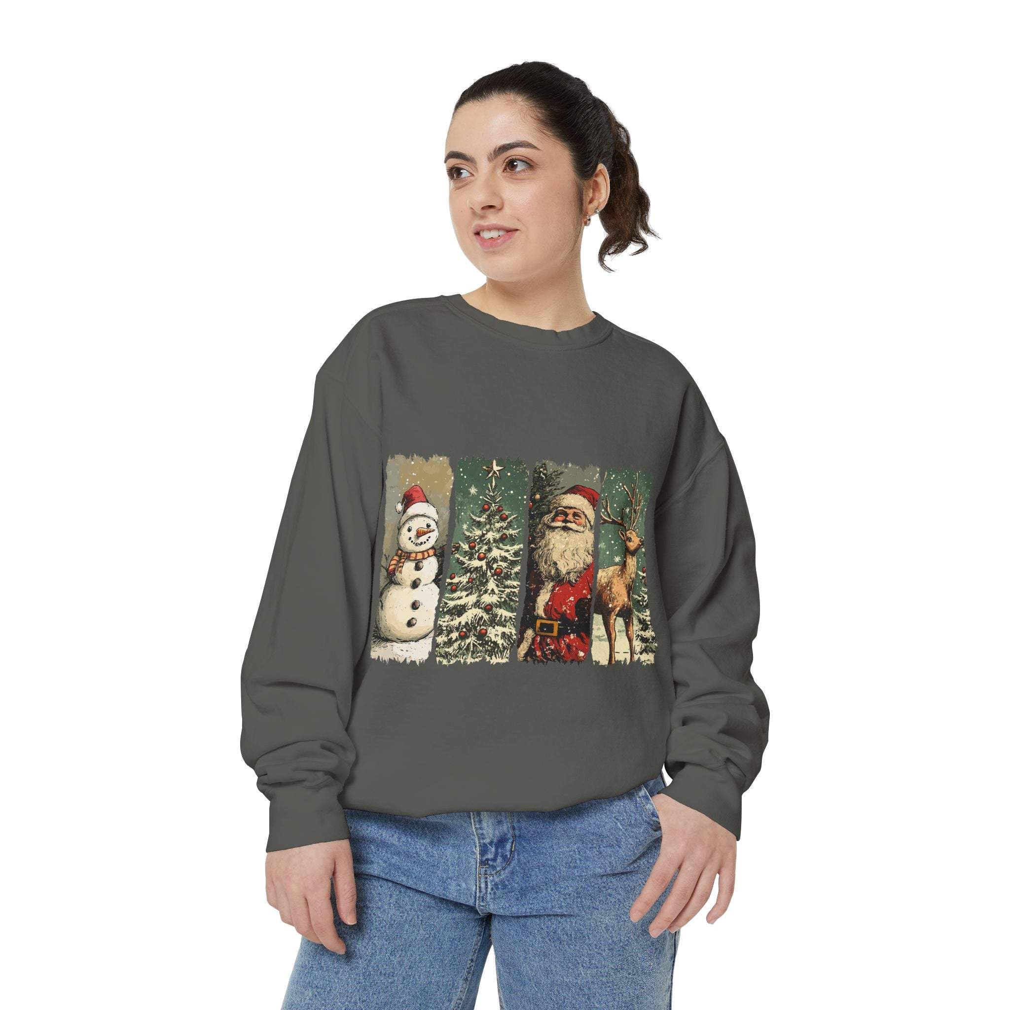 Woman wearing vintage Christmas sweatshirt with watercolor snowman, tree, Santa, and reindeer design