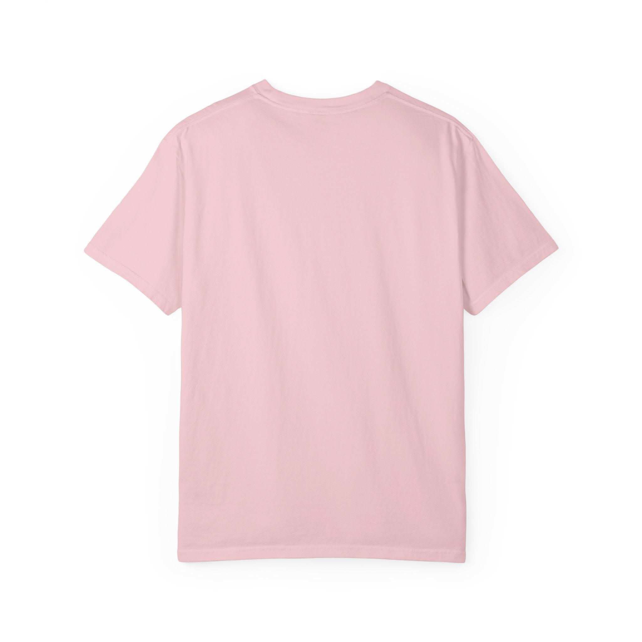 Back view of pink garment-dyed travel T-shirt made of 100% ring-spun US cotton with double-needle stitching and no side seams.