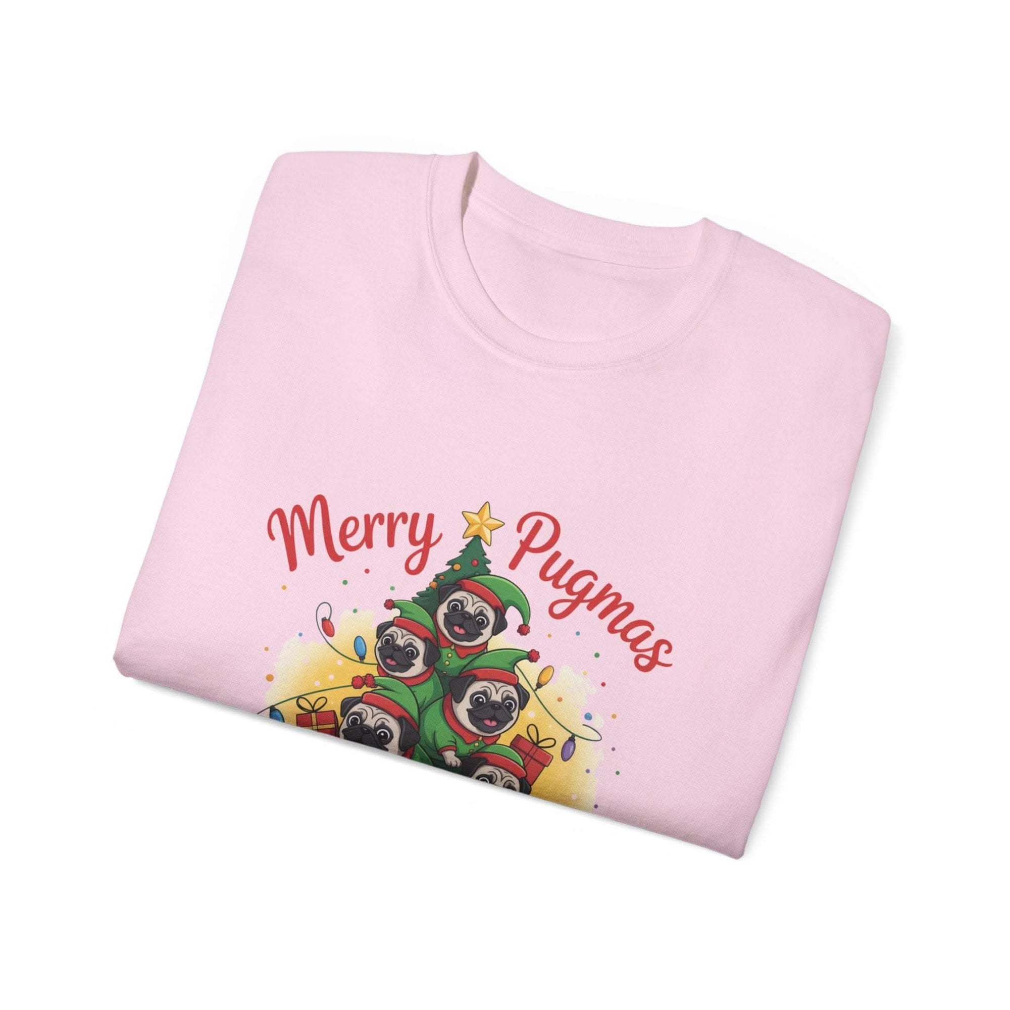 Black Merry Pugmas holiday t-shirt from Printify, featuring festive pug design for dog lovers.