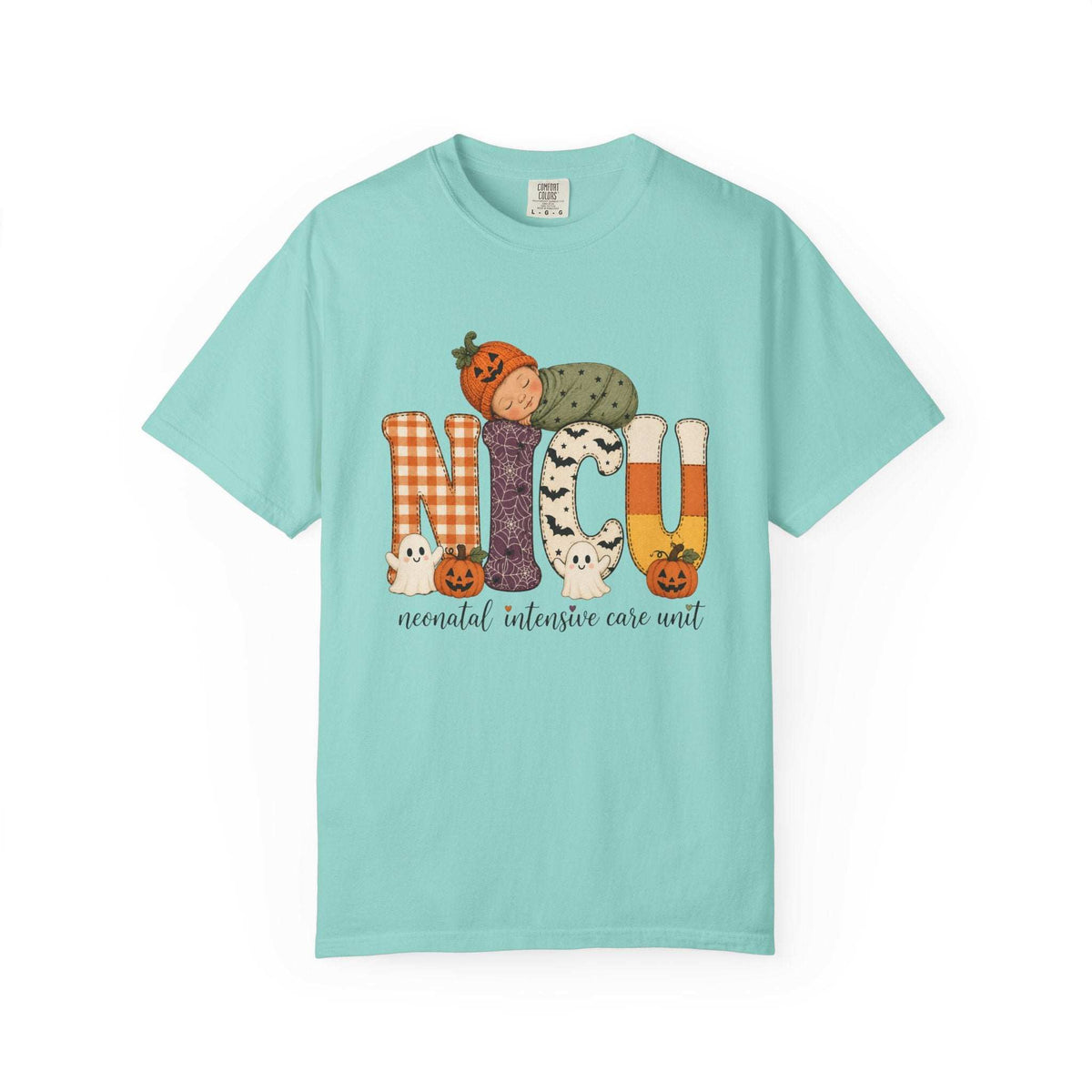 Chalky mint NICU nurse Halloween T-shirt with patchwork lettering, a sleeping baby in a pumpkin hat, ghosts, and jack-o’-lanterns.