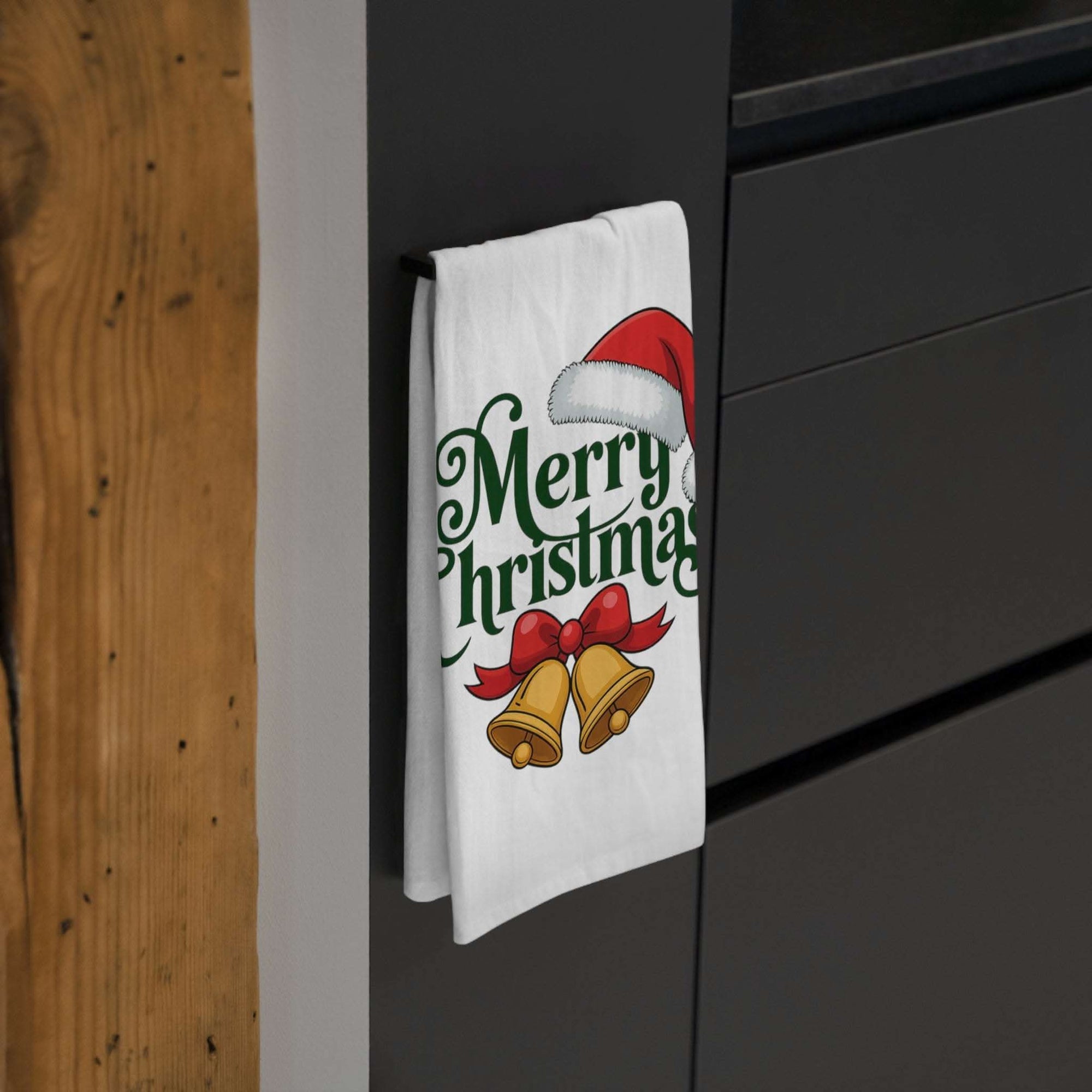 Merry Christmas Bells tea towel with festive bell design for holiday kitchen decor