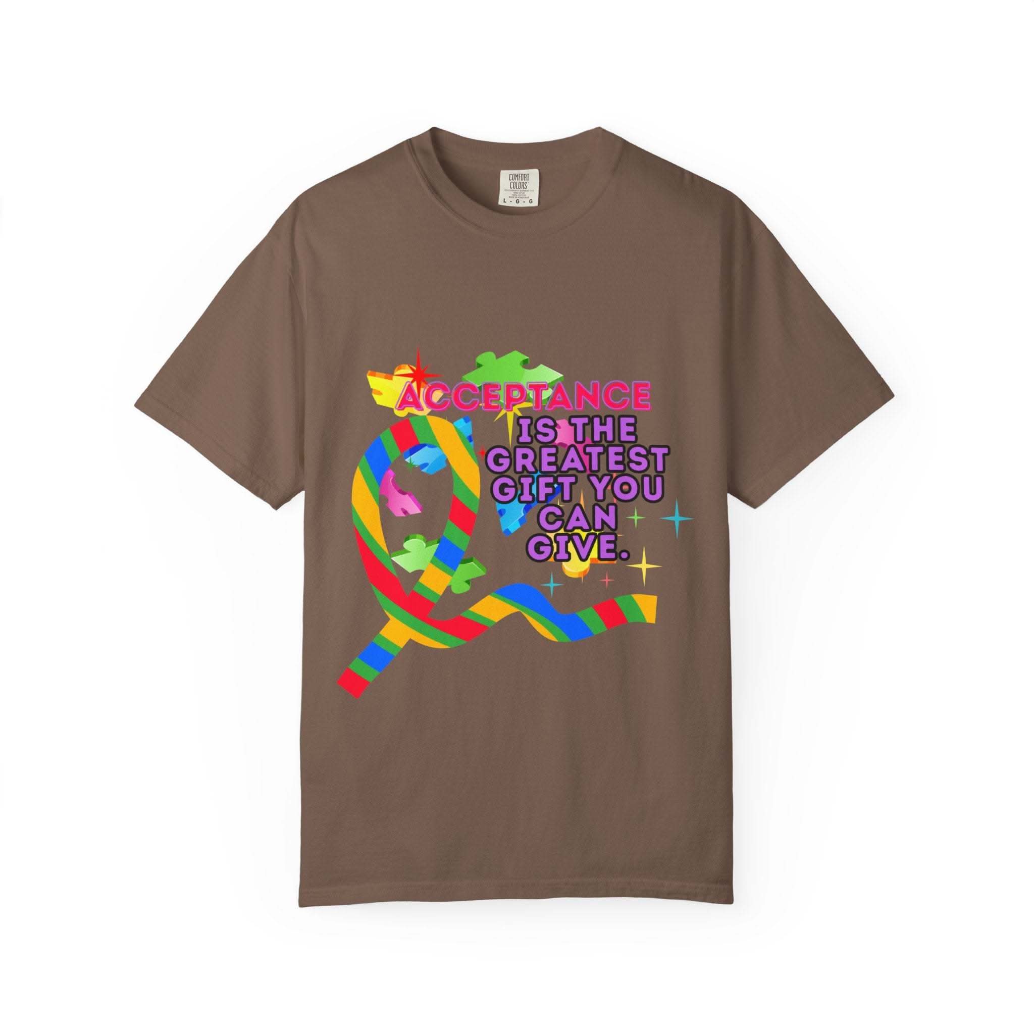 Black garment-dyed t-shirt with Autism Acceptance design, from Printify, size S.