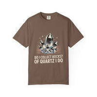 True Navy t-shirt with 'Do I Collect Rocks? Of Quartz I Do' graphic, ideal for rockhounds and mineral lovers.
