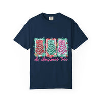 Oh Christmas Tree T-shirt with colorful decorated Christmas trees on cream garment-dyed fabric