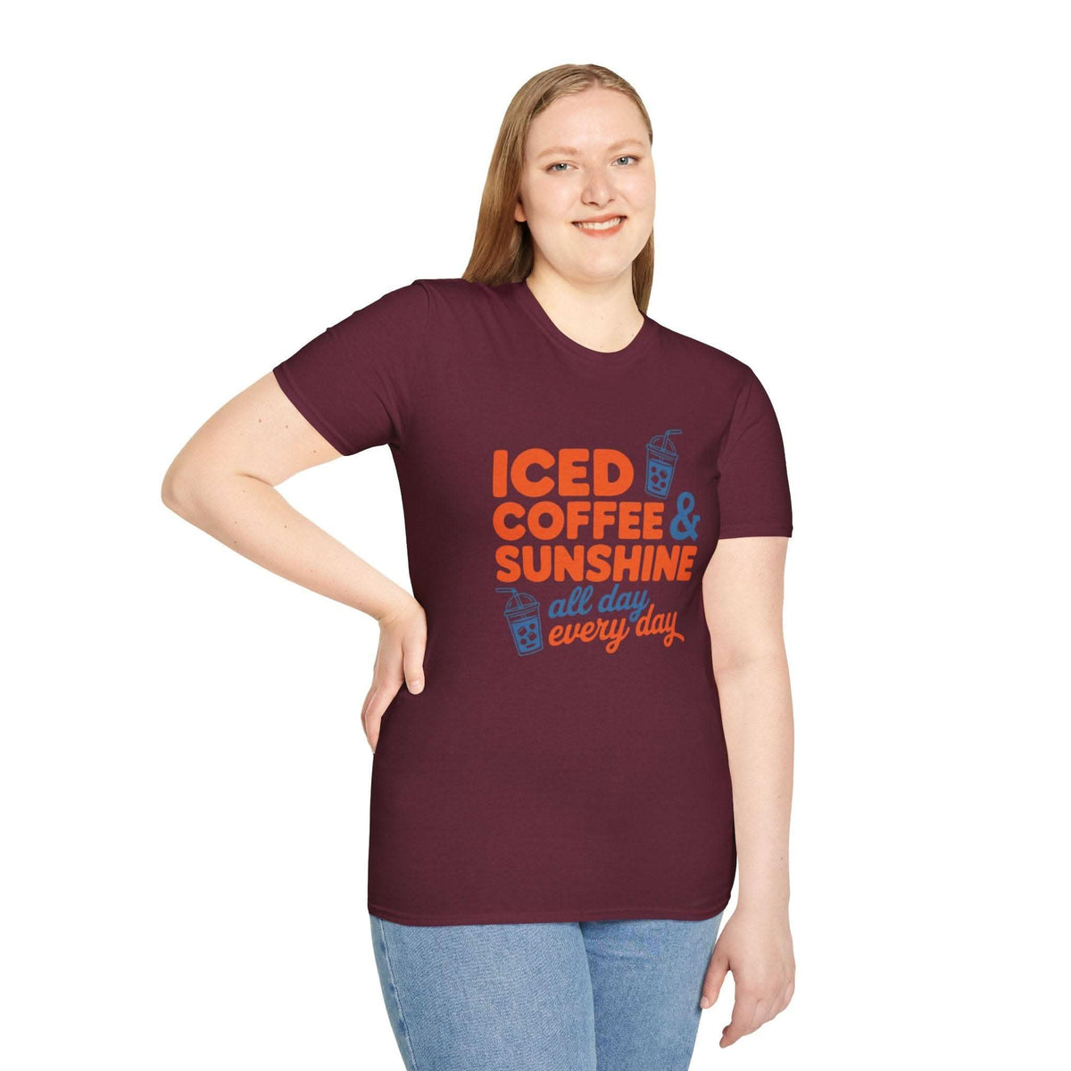 Casual summer T-shirt with Iced Coffee & Sunshine graphic and iced coffee cup illustrations