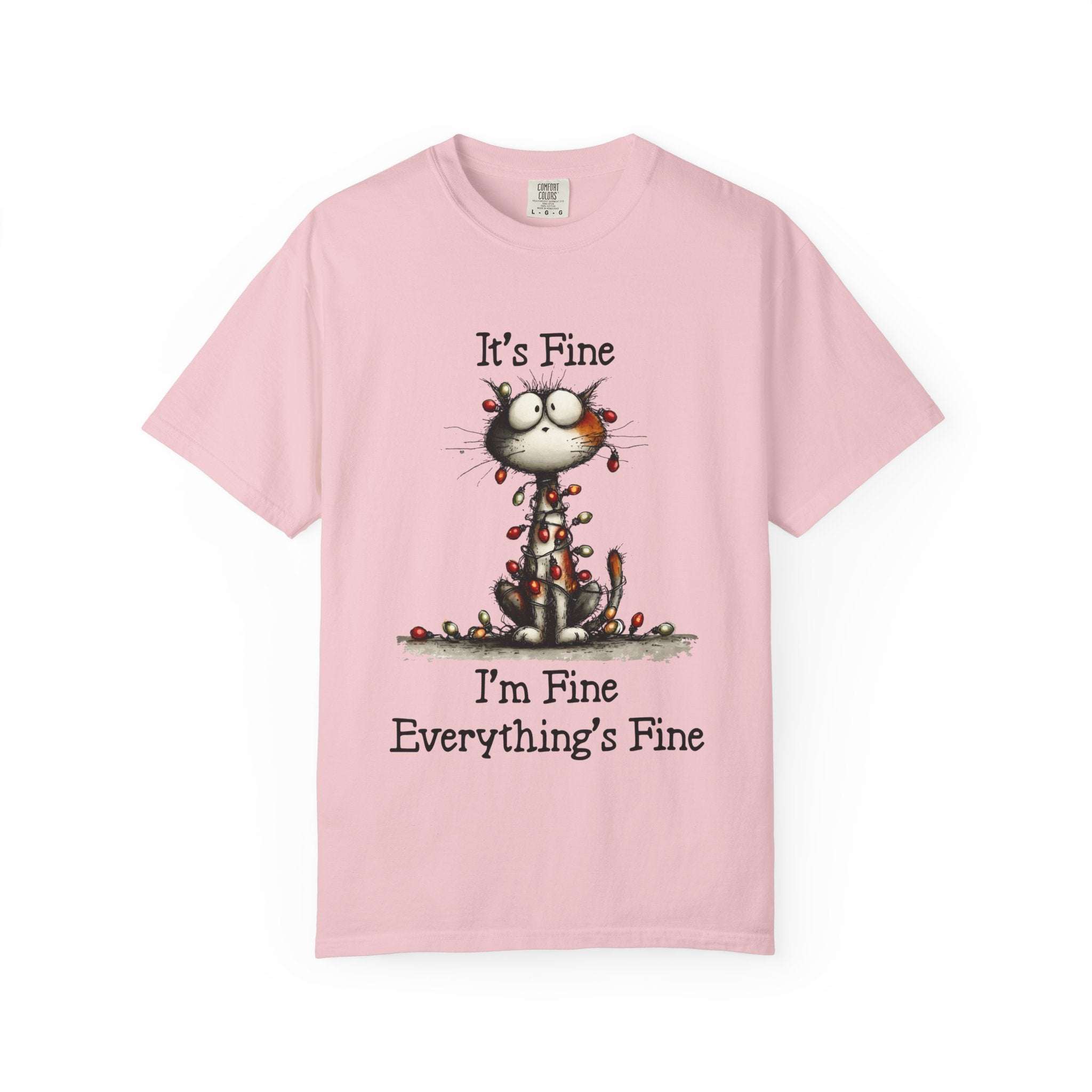 Pink cat T-shirt with "It’s Fine, I’m Fine, Everything’s Fine" text and small cat illustration