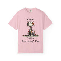 Pink cat T-shirt with "It’s Fine, I’m Fine, Everything’s Fine" text and small cat illustration