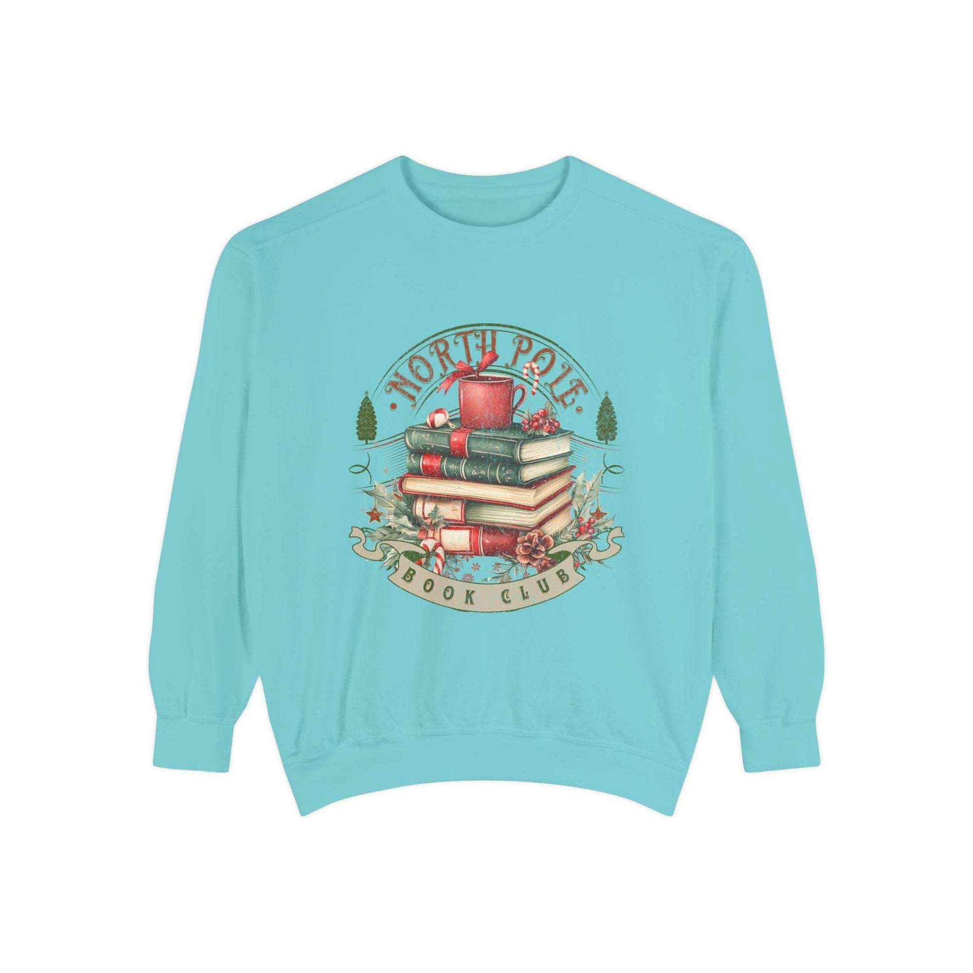 Vintage North Pole Book Club cozy blue sweatshirt with holiday book stack design