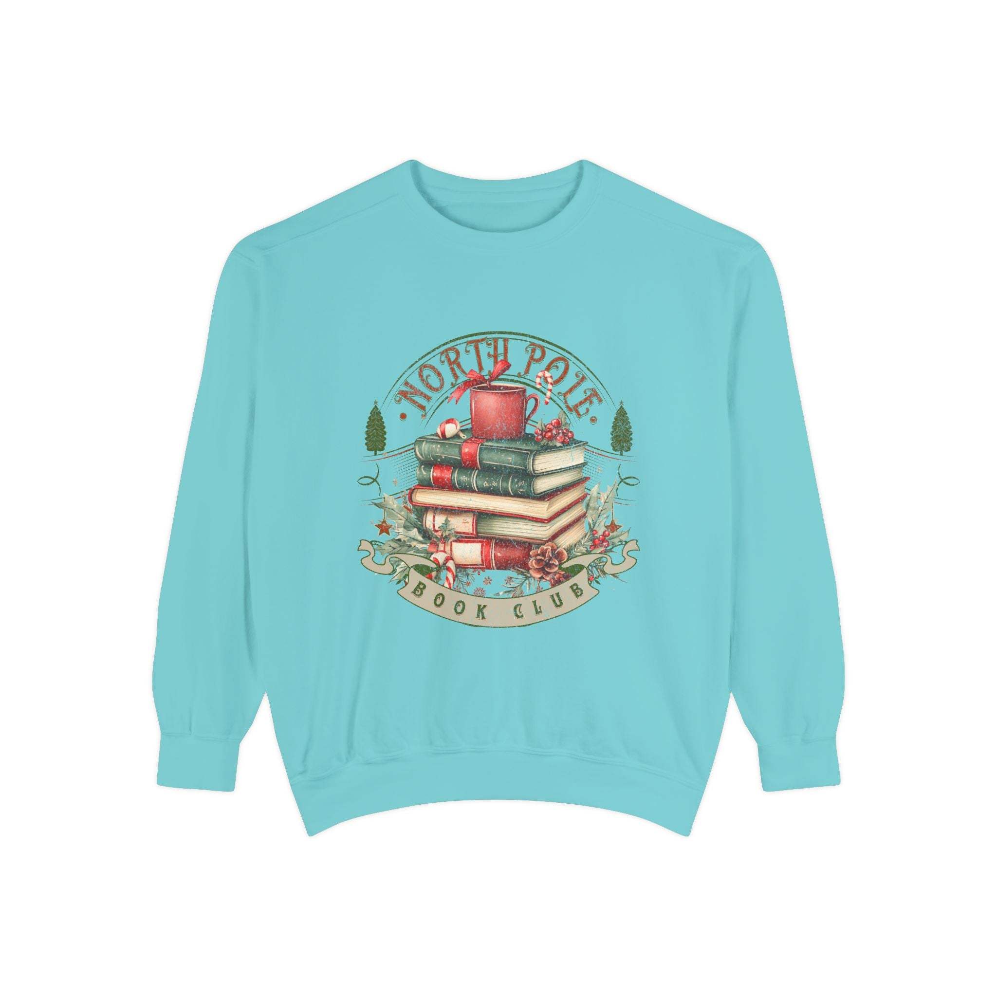 Vintage North Pole Book Club cozy blue sweatshirt with holiday book stack design