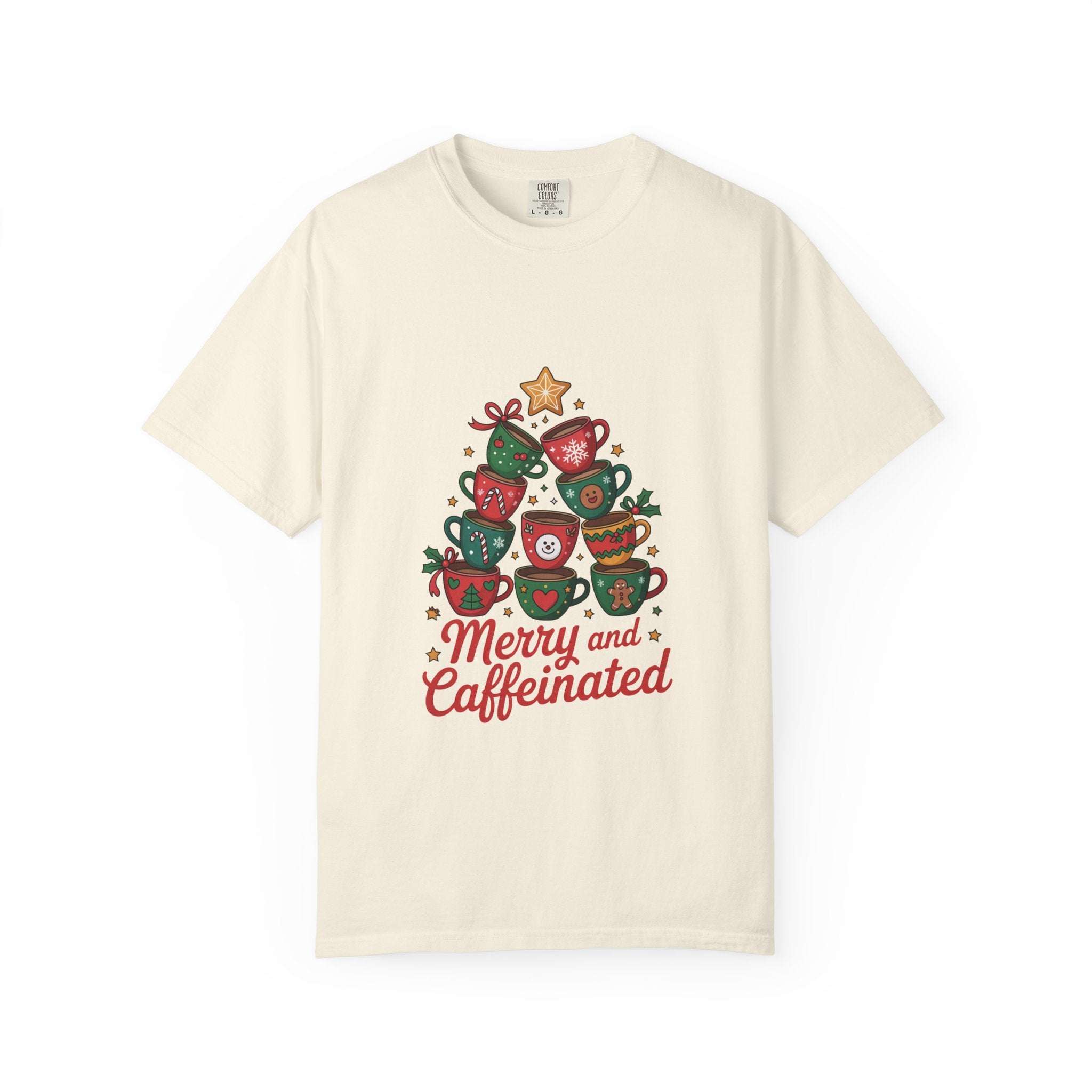 Merry and Caffeinated T-shirt with festive coffee cup design and holiday cheer text