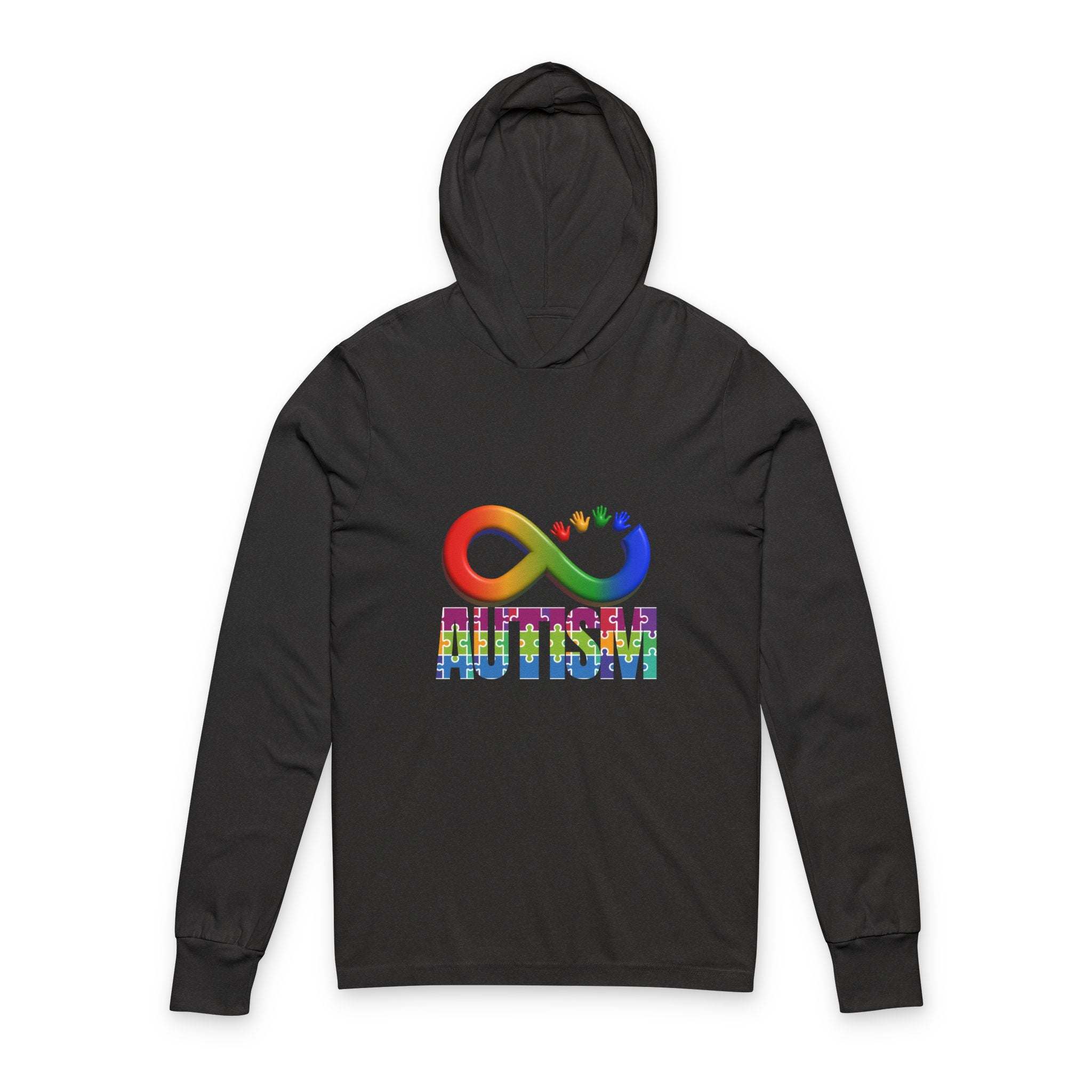 Black Autism Awareness hoodie long sleeve tee with colorful infinity autism symbol and puzzle pattern text.