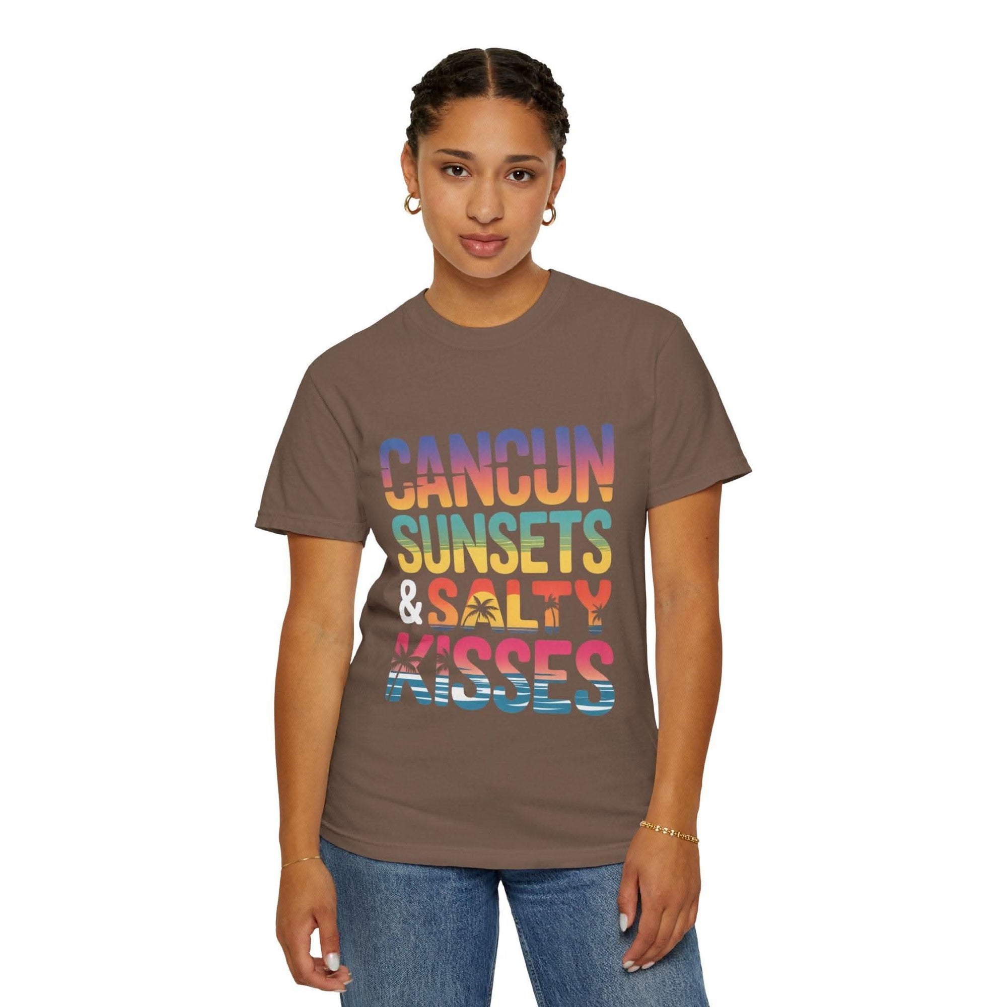 Woman wearing a brown t-shirt with colorful text on a white background