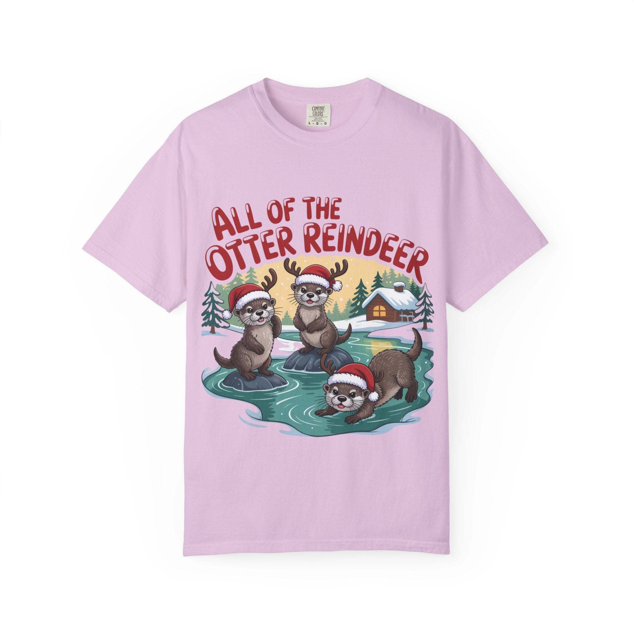 Light purple Otter Reindeer Tee with festive otters wearing Santa hats and the text "All of the Otter Reindeer"