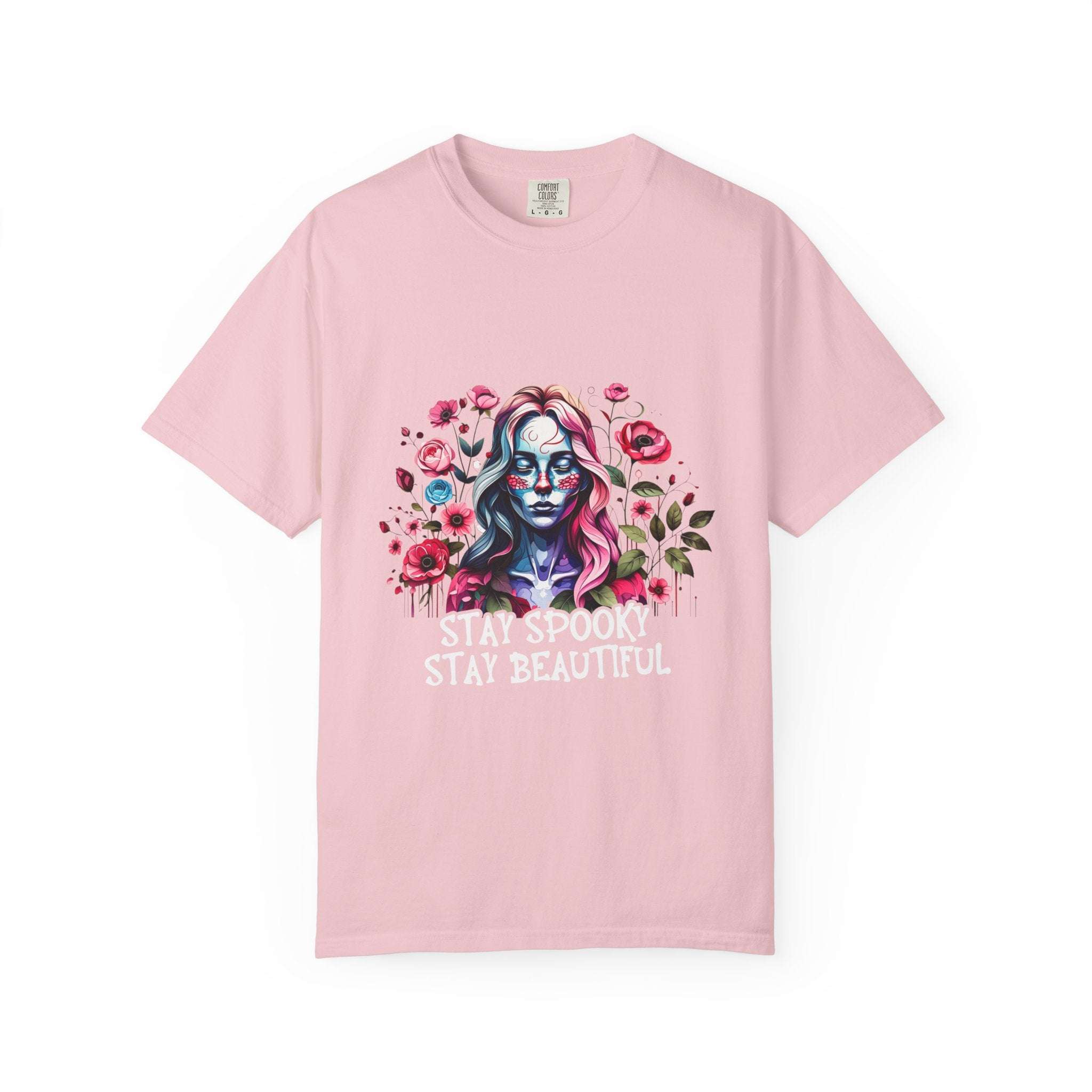 pink soft everyday tee with elegant floral skeleton print and "Stay Spooky Stay Beautiful" text