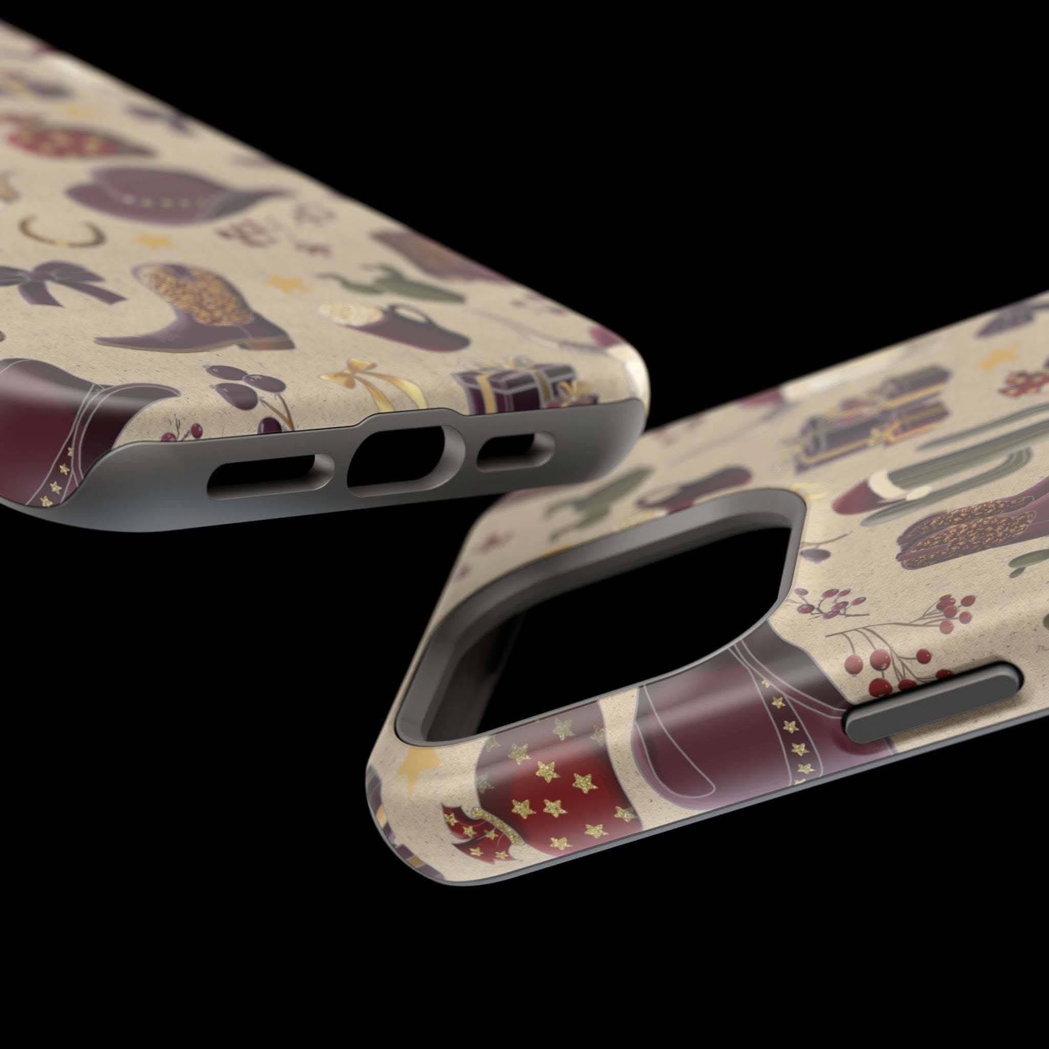 Cowboy Christmas design phone case for iPhone 17 in glossy finish by Printify, featuring festive colors and patterns.