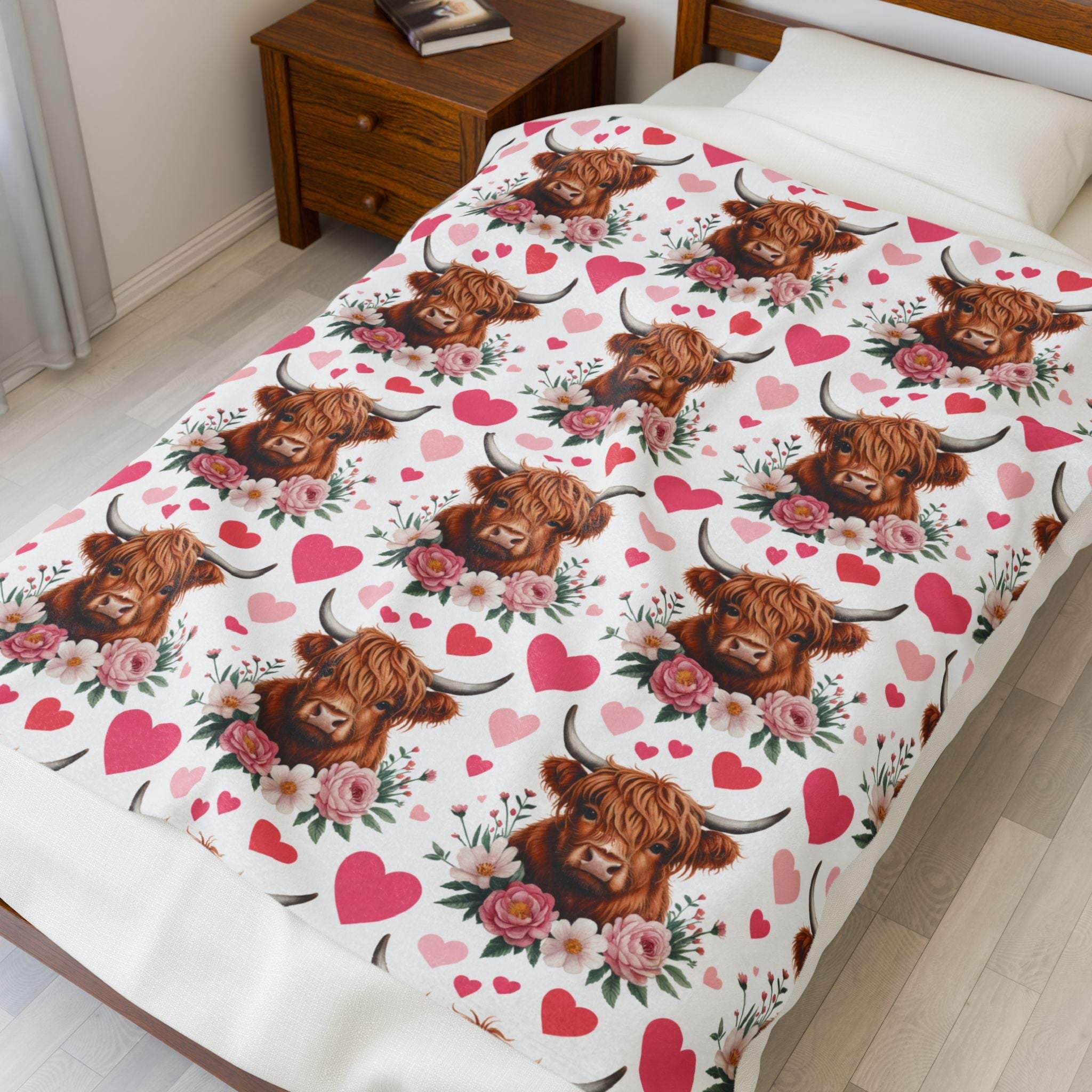 Velveteen plush blanket with floral Highland cow design, soft and cozy for rustic, romantic decor