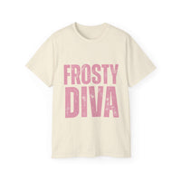 Unisex black distressed Frosty Diva T-shirt made from eco-friendly cotton