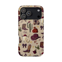 Cowboy Christmas design phone case for iPhone 17 in glossy finish by Printify, featuring festive colors and patterns.