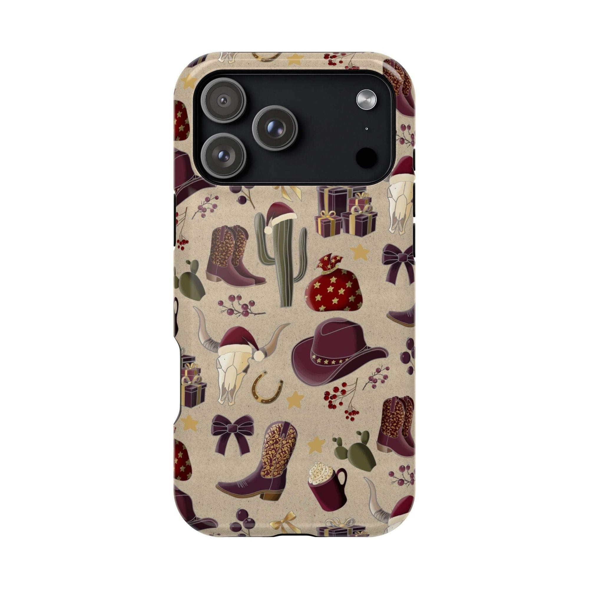 Cowboy Christmas design phone case for iPhone 17 in glossy finish by Printify, featuring festive colors and patterns.