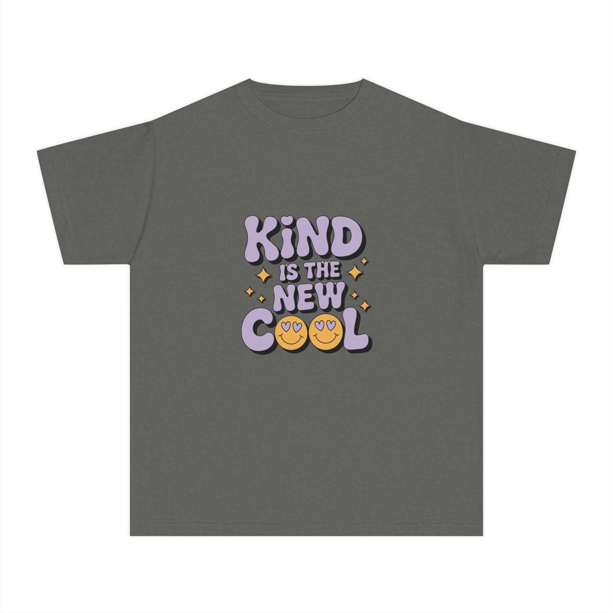 Black youth tee with 'Kind is the new Cool' graphic by Printify, perfect for back to school.