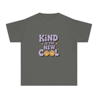 Black youth tee with 'Kind is the new Cool' graphic by Printify, perfect for back to school.