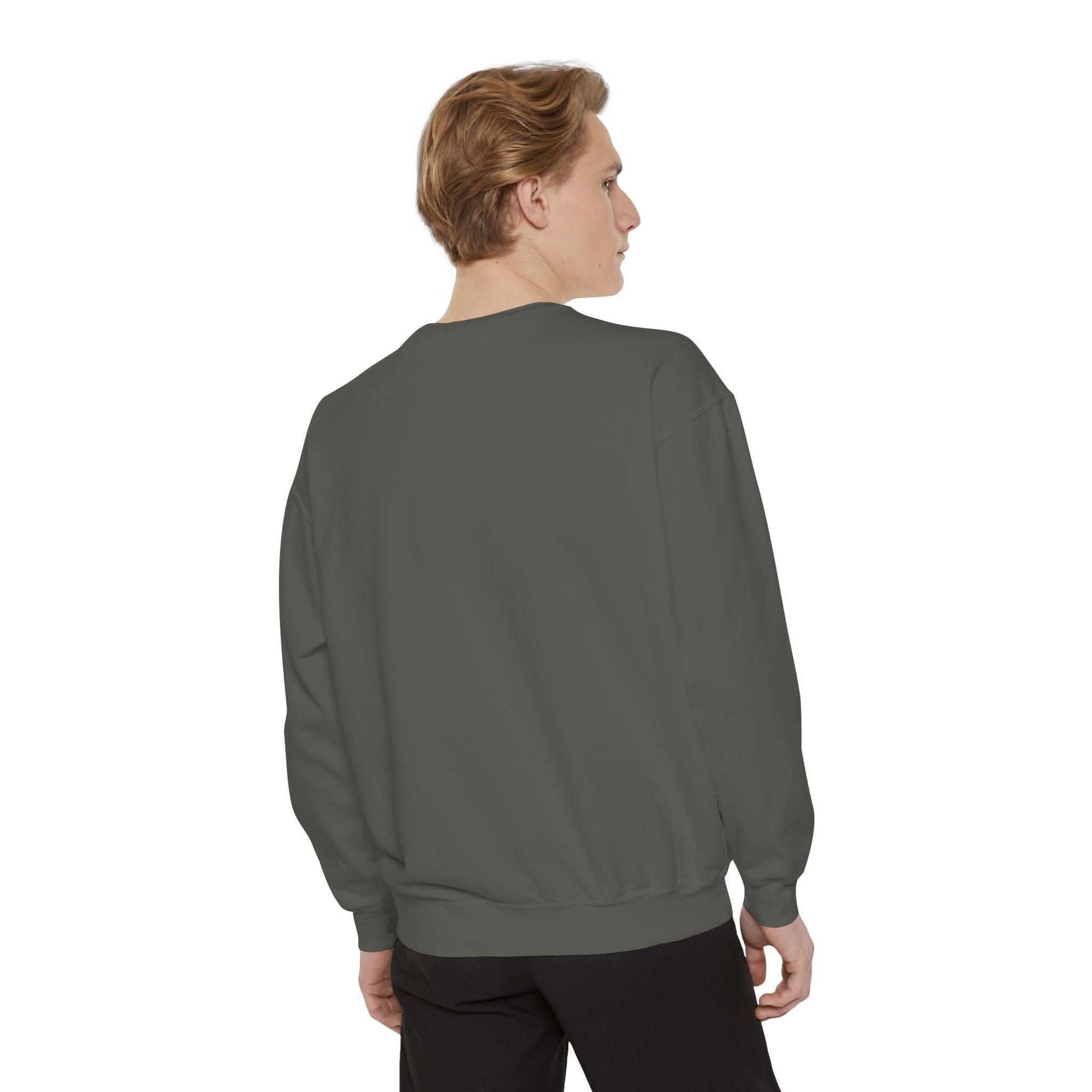 White garment-dyed sweatshirt featuring festive Christmas lights design by Printify
