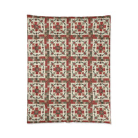 Rustic Patchwork Christmas Comforter in cozy plaid and leather tones on bed with white backing