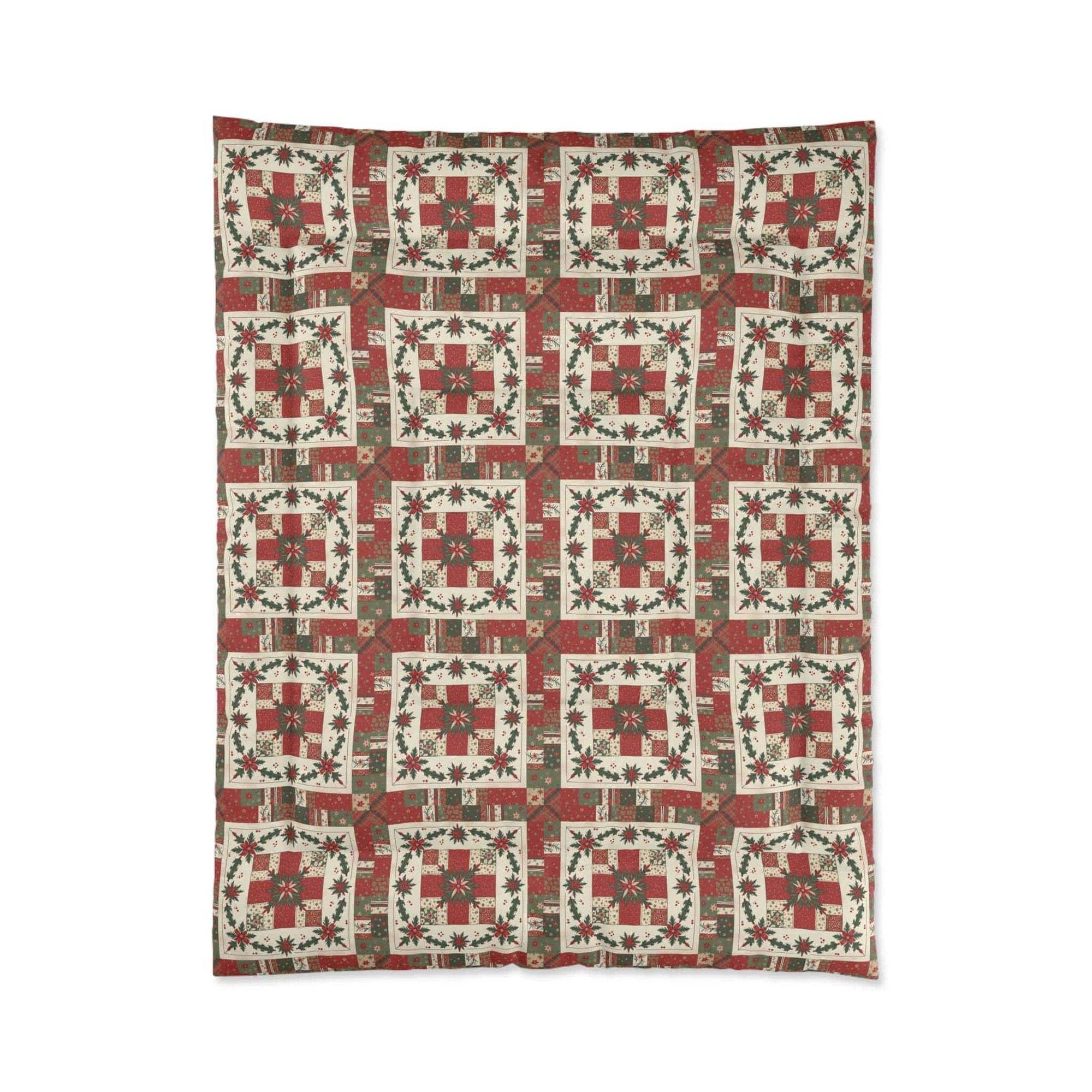 Rustic Patchwork Christmas Comforter in cozy plaid and leather tones on bed with white backing