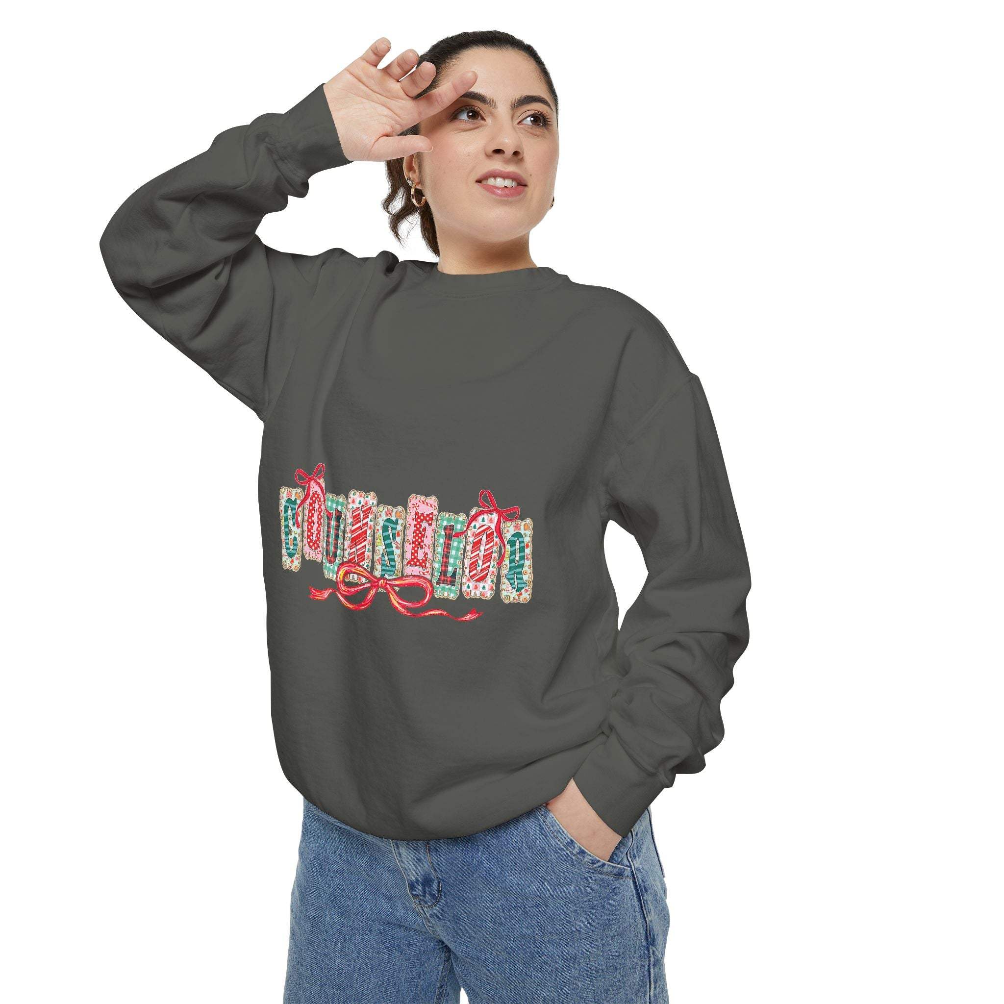 Garment-dyed True Navy sweatshirt with festive Christmas design, perfect for holiday gifting, by Printify