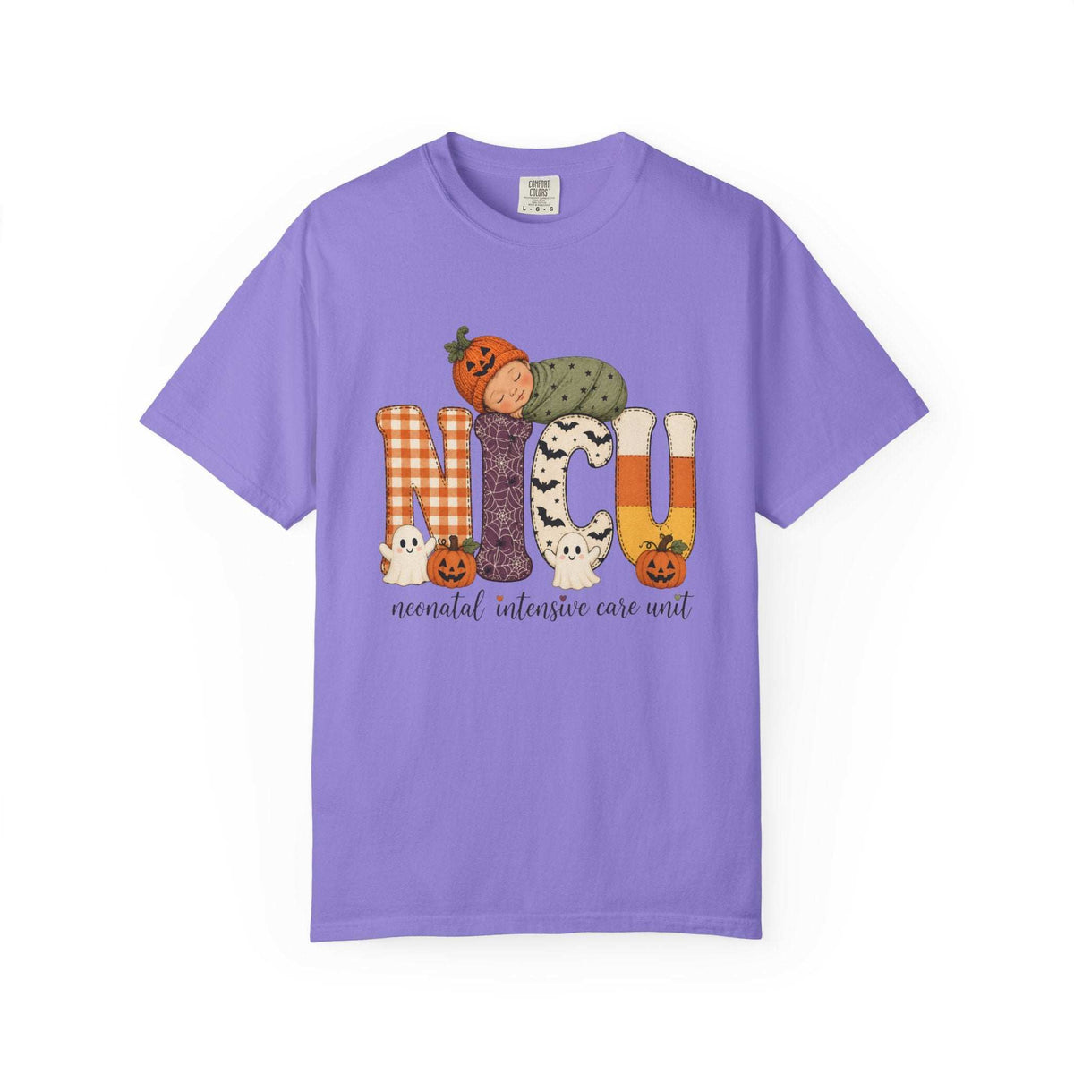 Violet NICU nurse Halloween T-shirt with patchwork lettering, a sleeping baby in a pumpkin hat, ghosts, and jack-o’-lanterns.