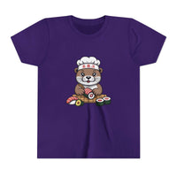 Cute Otter Sushi Chef graphic on youth tee shirt for kids, soft breathable cotton design