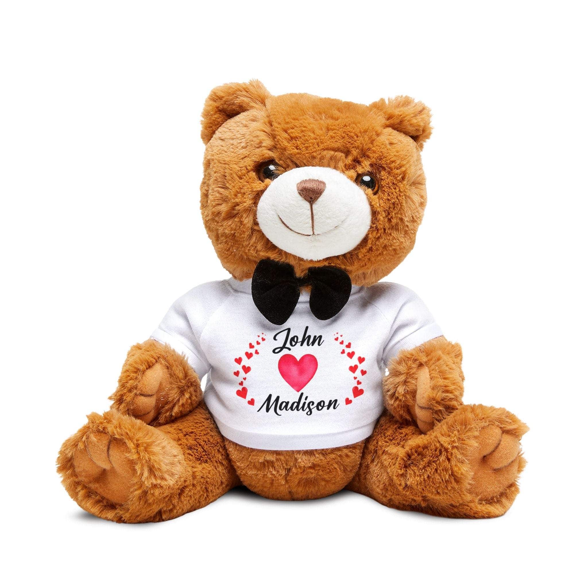 Personalized Heart Names teddy bear with removable white t-shirt and black bow tie for Valentine gift