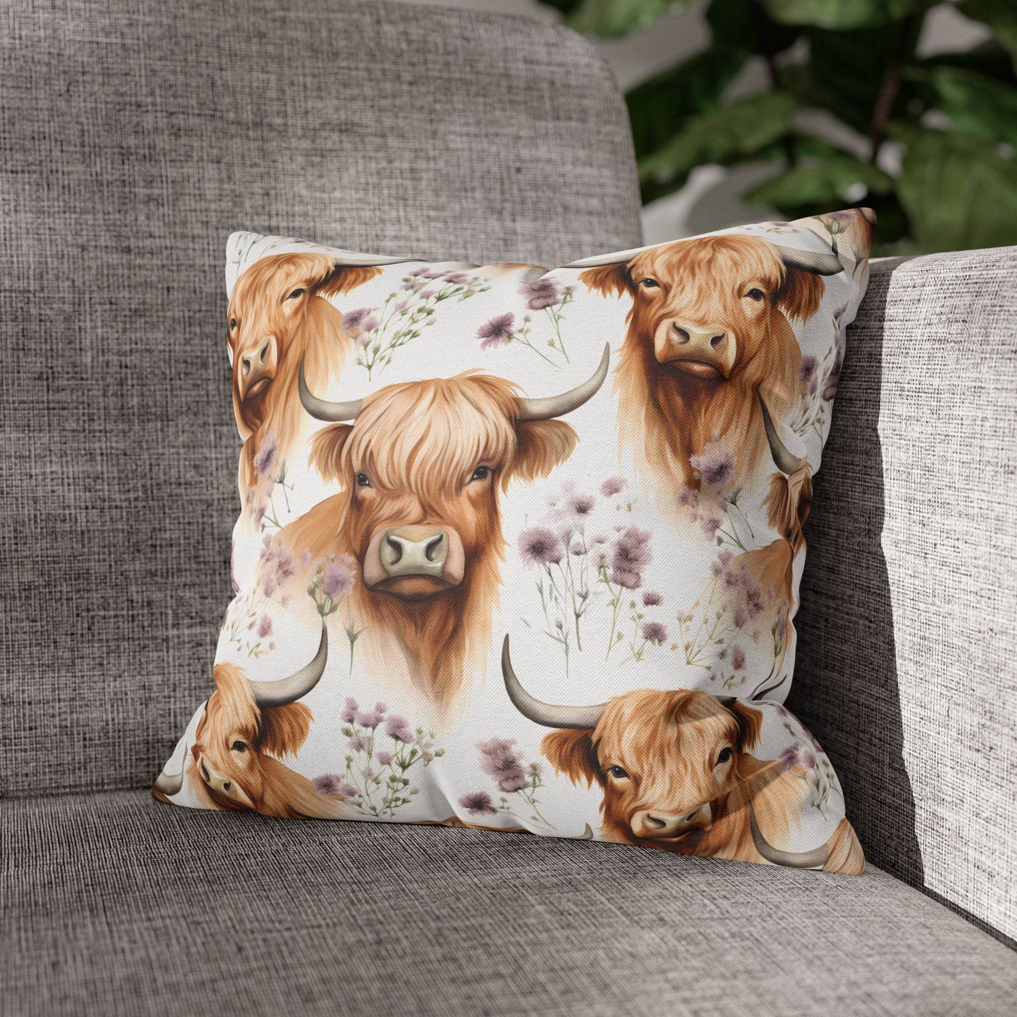 Floral Highland Cow pillowcase with delicate blooms and farmhouse charm