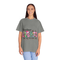 Christmas Lights Are My Favorite Color t-shirt in soft garment-dyed cotton with relaxed fit and festive holiday text design