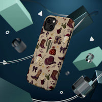 Cowboy Christmas design phone case for iPhone 17 in glossy finish by Printify, featuring festive colors and patterns.