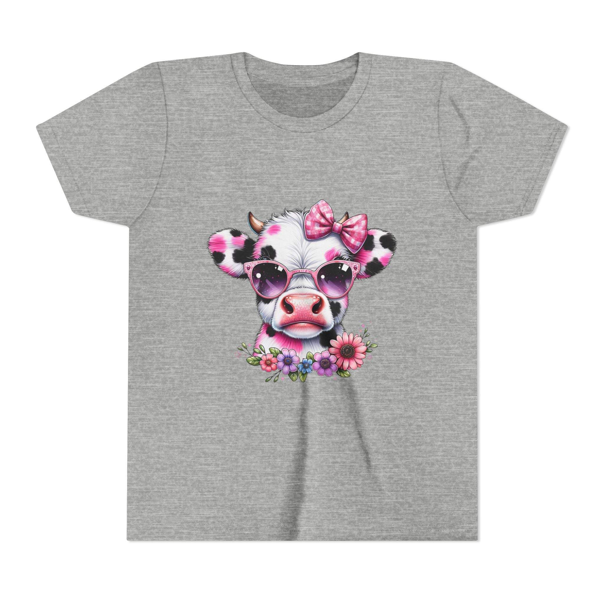 Gray t-shirt with a cow design wearing sunglasses and a bow, on a white background