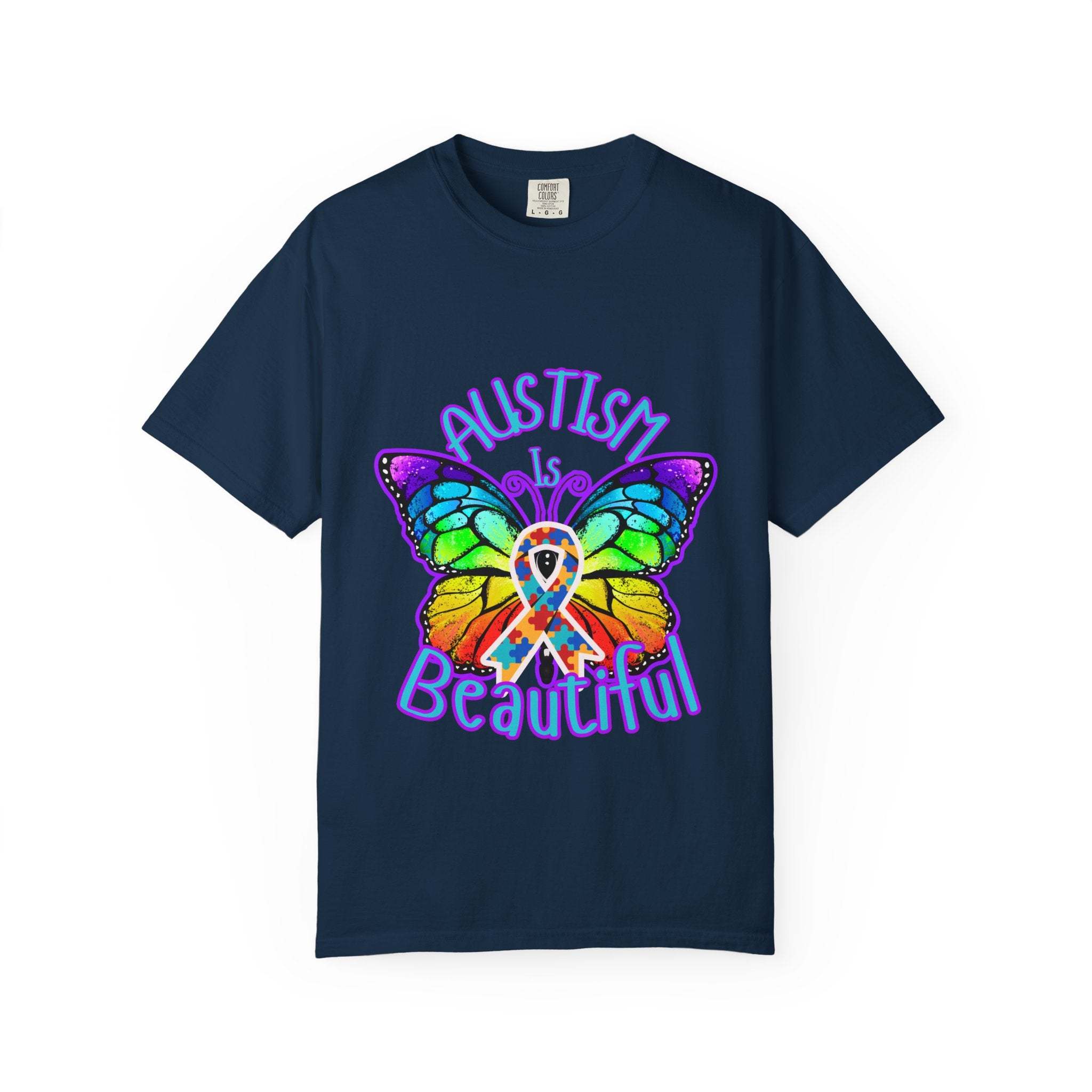 Navy Autism is Beautiful T-shirt with colorful butterfly and autism awareness ribbon design