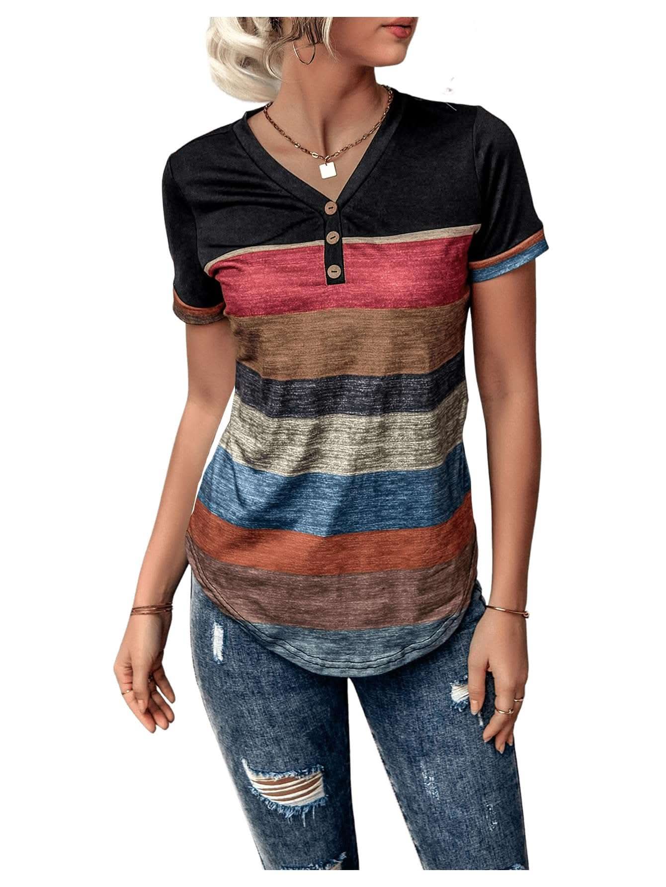 Womens striped V-neck tee shirt with classic stripes and soft breathable fabric for casual wear