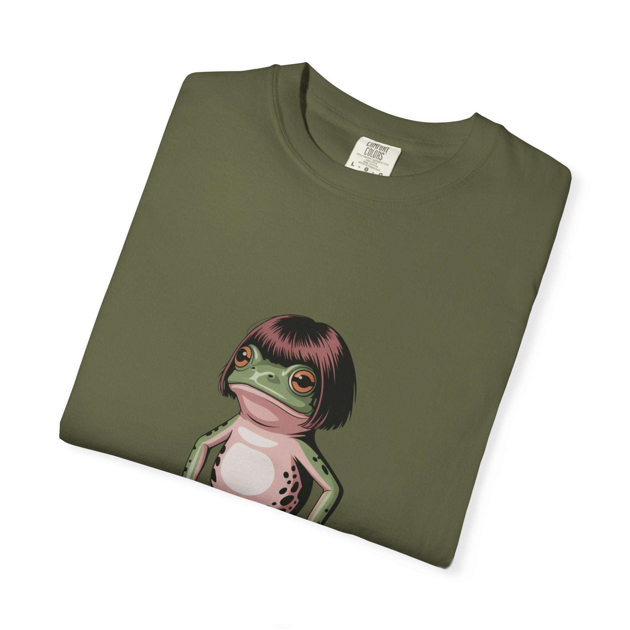 Frog with bob haircut meme printed on vintage-style garment-dyed t-shirt