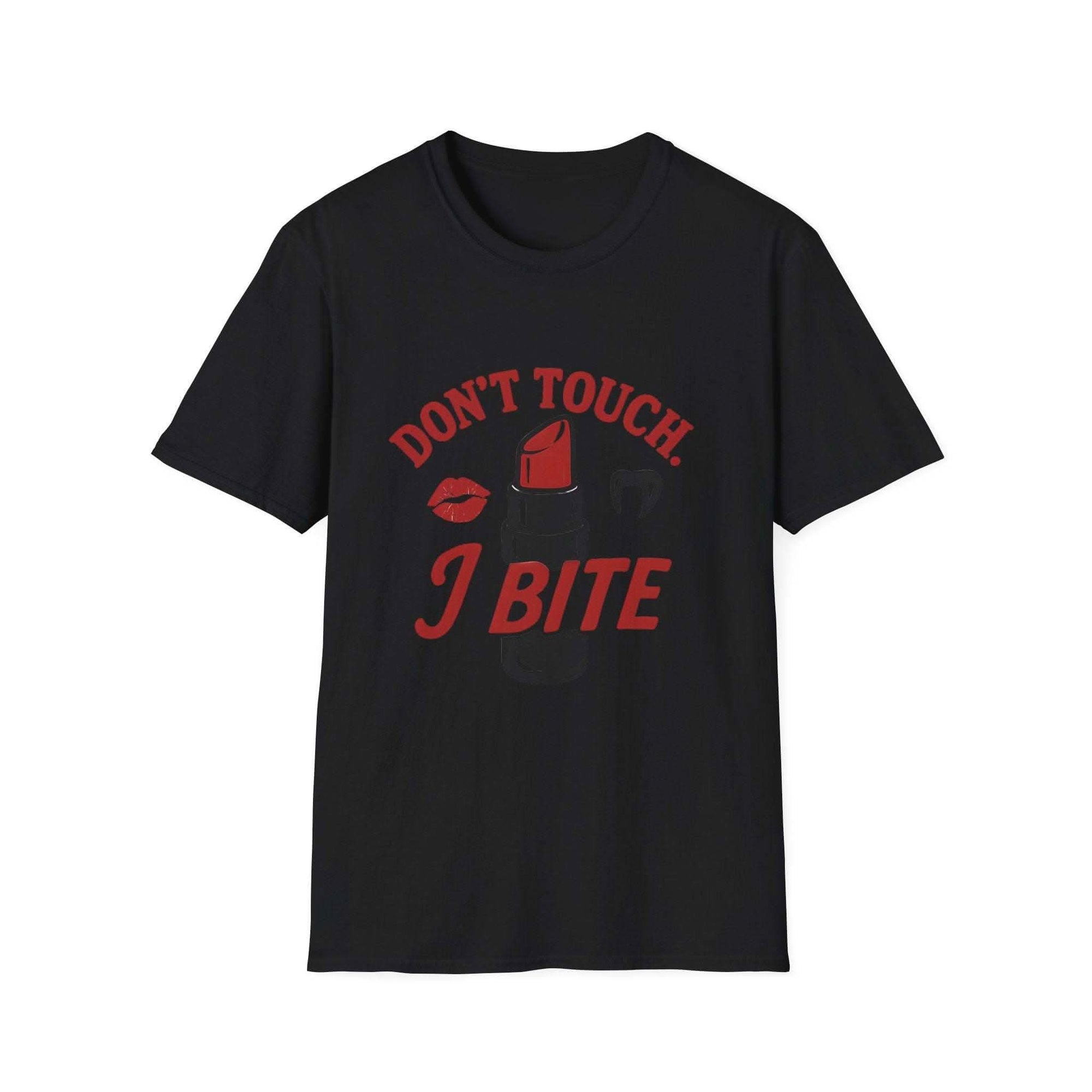 Light blue unisex t-shirt with 'Don’t Touch I Bite' slogan in a punk style, by Printify
