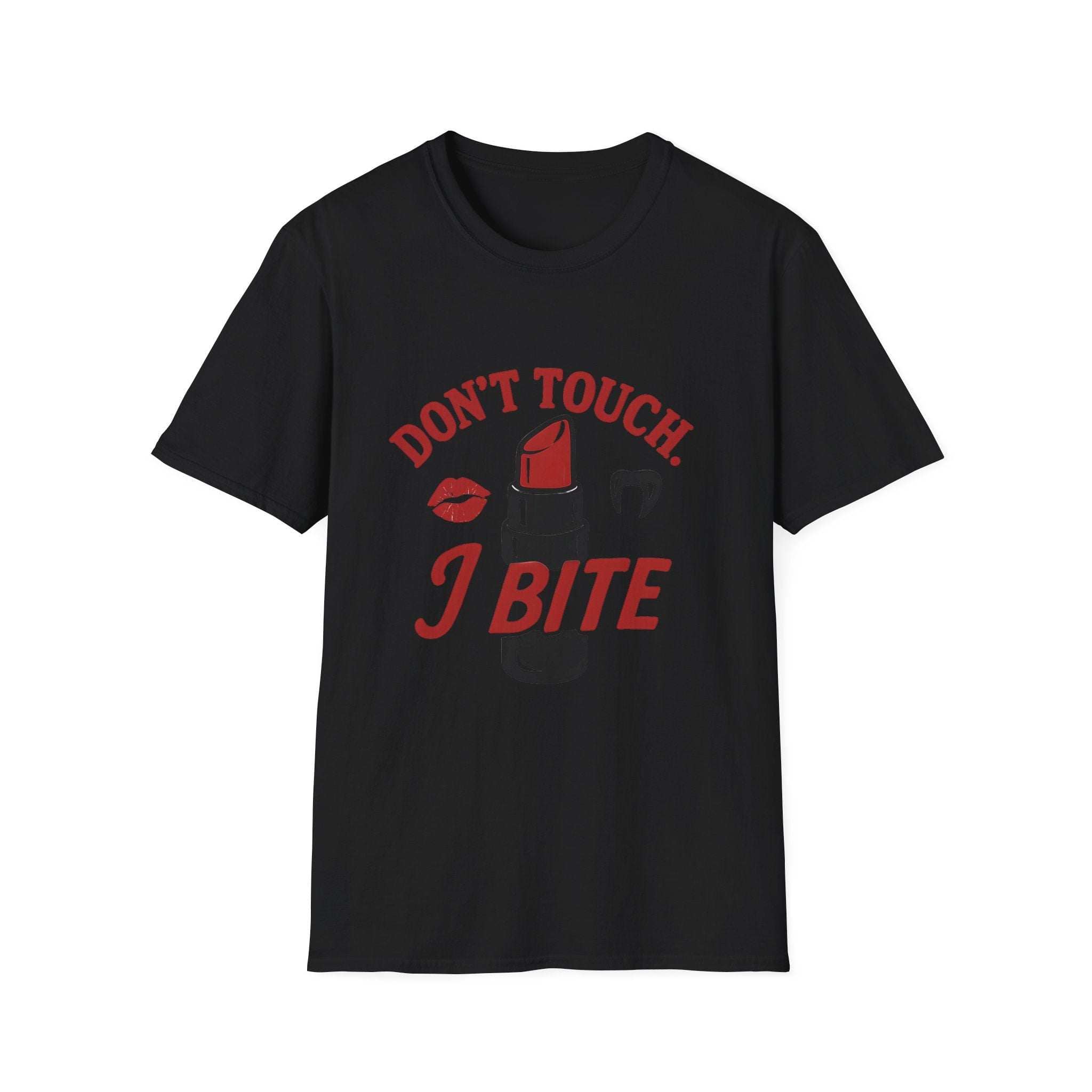 Light blue unisex t-shirt with 'Don’t Touch I Bite' slogan in a punk style, by Printify