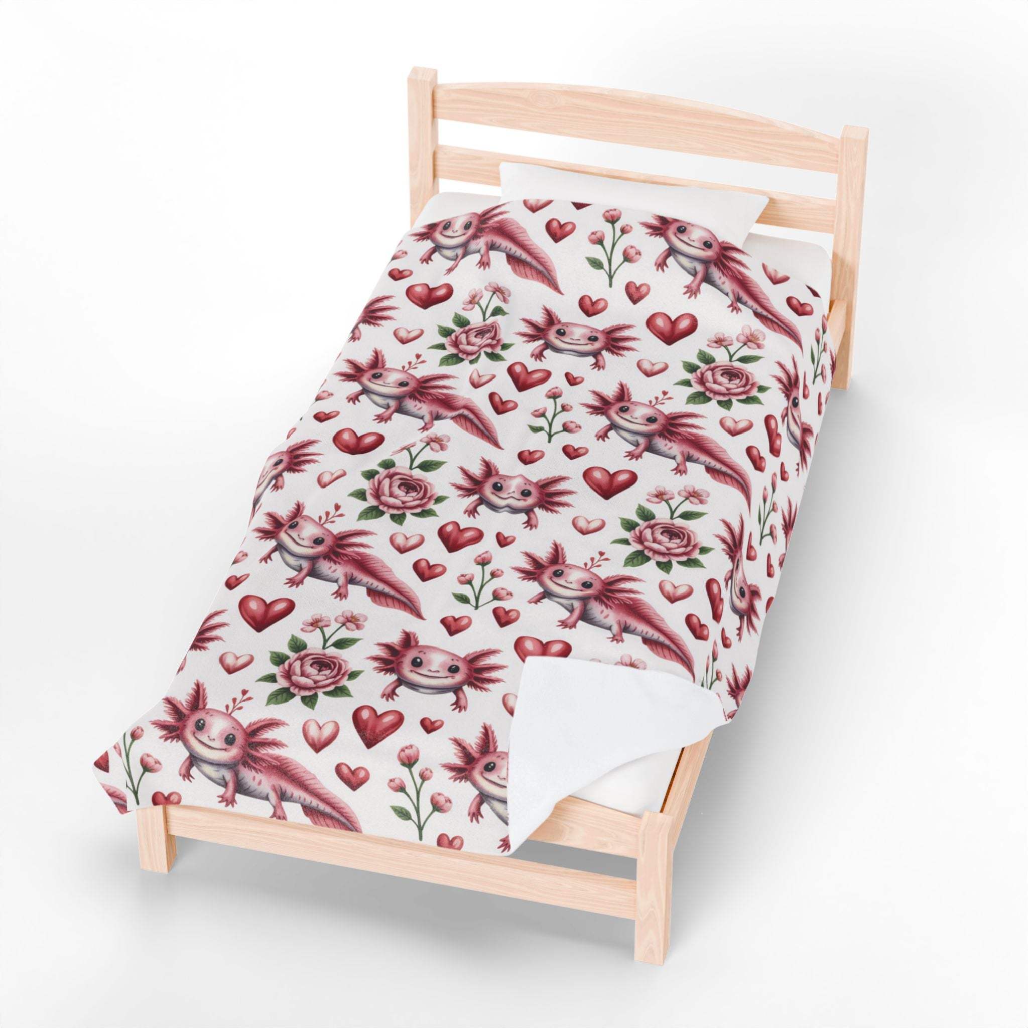 Soft floral axolotl valentine velveteen blanket with heart and blossom design