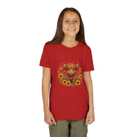 Youth tee featuring a Highland Cow with sunflowers graphic on soft cotton fabric