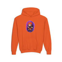 Purple Power Girl anime hoodie for kids, featuring a colorful design on a white sweatshirt by Printify