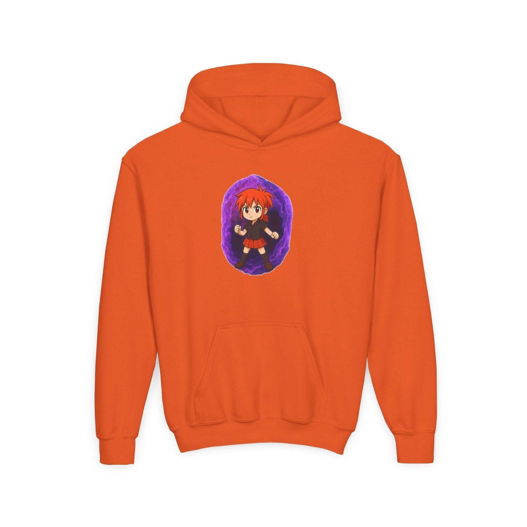 Purple Power Girl anime hoodie for kids, featuring a colorful design on a white sweatshirt by Printify