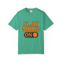 Black garment-dyed tee with 'Slay Mode On' text, casual style, by Printify