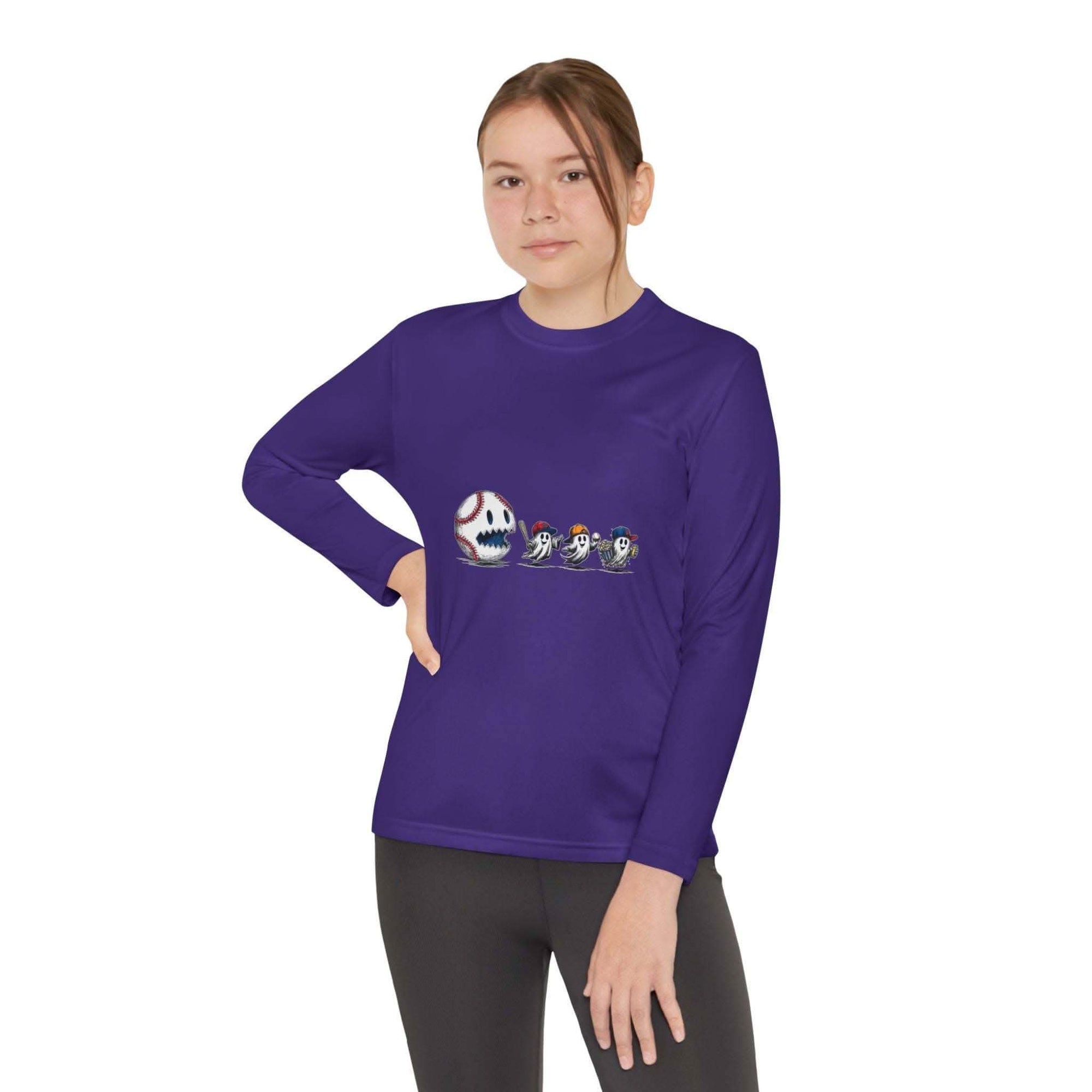 Youth tee with baseball eating Halloween ghosts design, long sleeve, moisture-wicking fabric, athletic fit